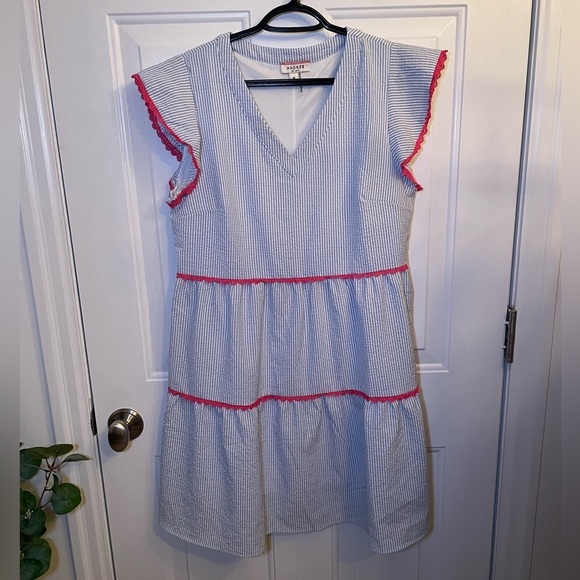 ANDREE Blue/White Seersucker Dress w/Pink Trim - Picture 1 of 5